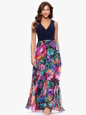X by XSCAPE Floral Watercolor  V-Neck Gown Navy size 12 NWT